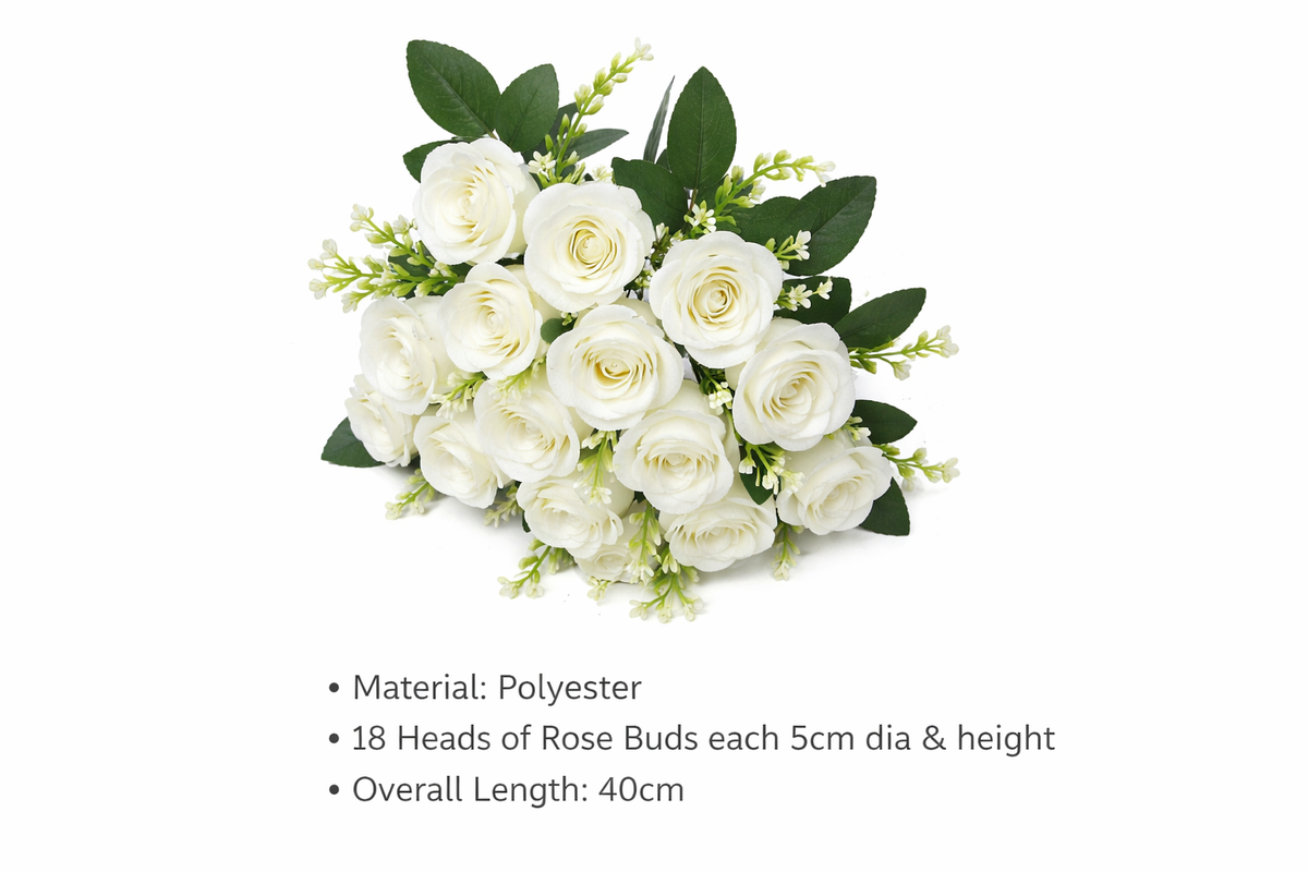 Artificial rose bouquet with 18 polyester roses on a bush, featuring vibrant red blooms and lush green leaves.