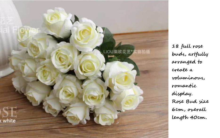 White artificial rose bouquet with 18 polyester roses on bush, showcasing realistic blooms and green foliage.