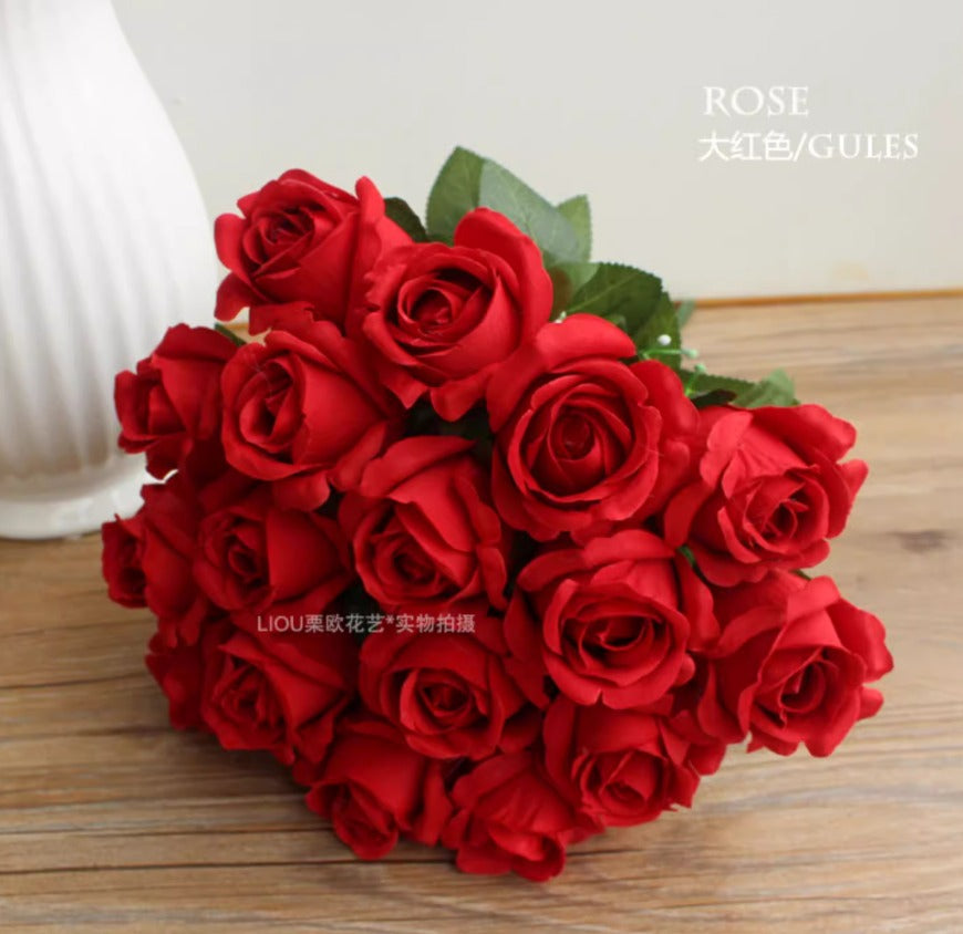 Red artificial rose bouquet with 18 polyester roses on a bush, perfect for floral decor by Alton Flowers.