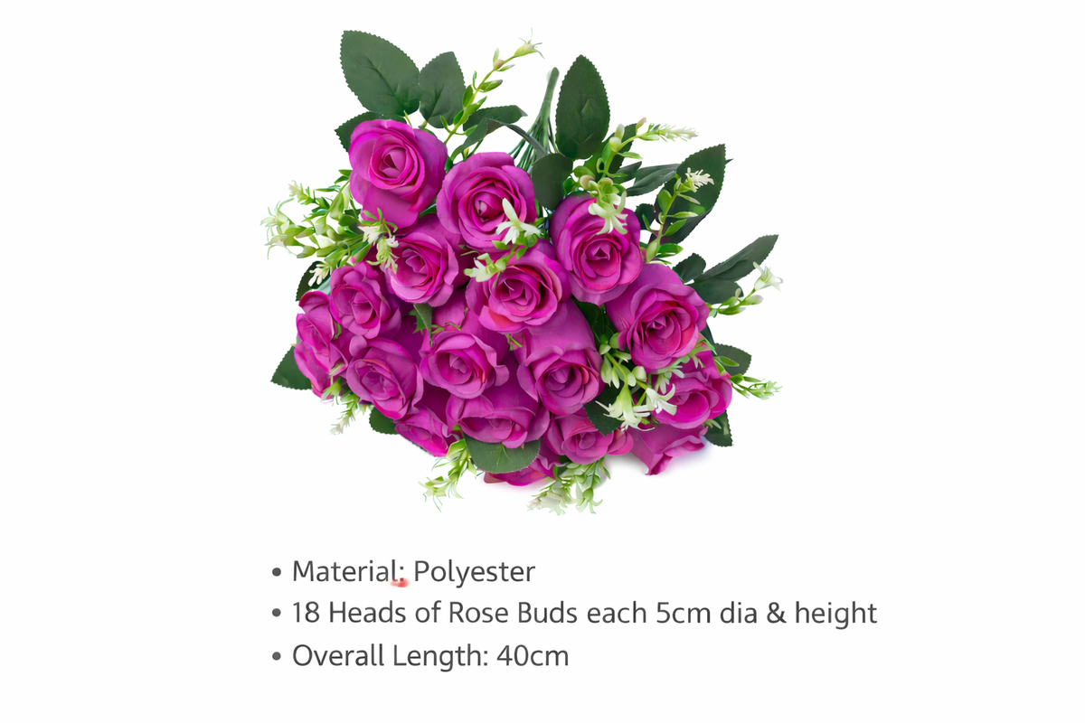 Artificial rose bouquet with 18 polyester buds arranged in a lush floral display by Alton Flowers.