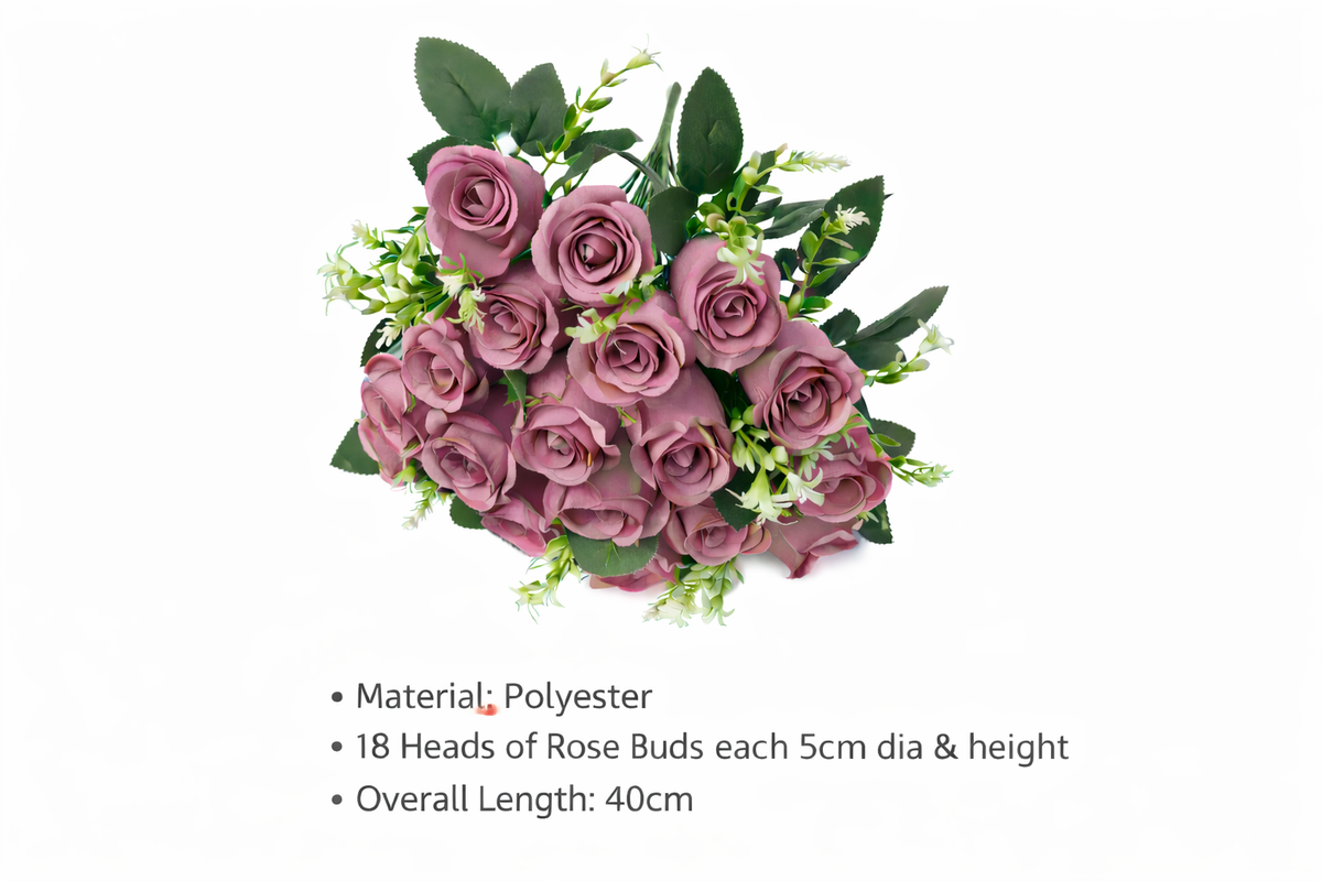 Artificial rose bouquet with 18 polyester buds arranged in a lush floral bush, featuring vibrant red roses by Alton Flowers.