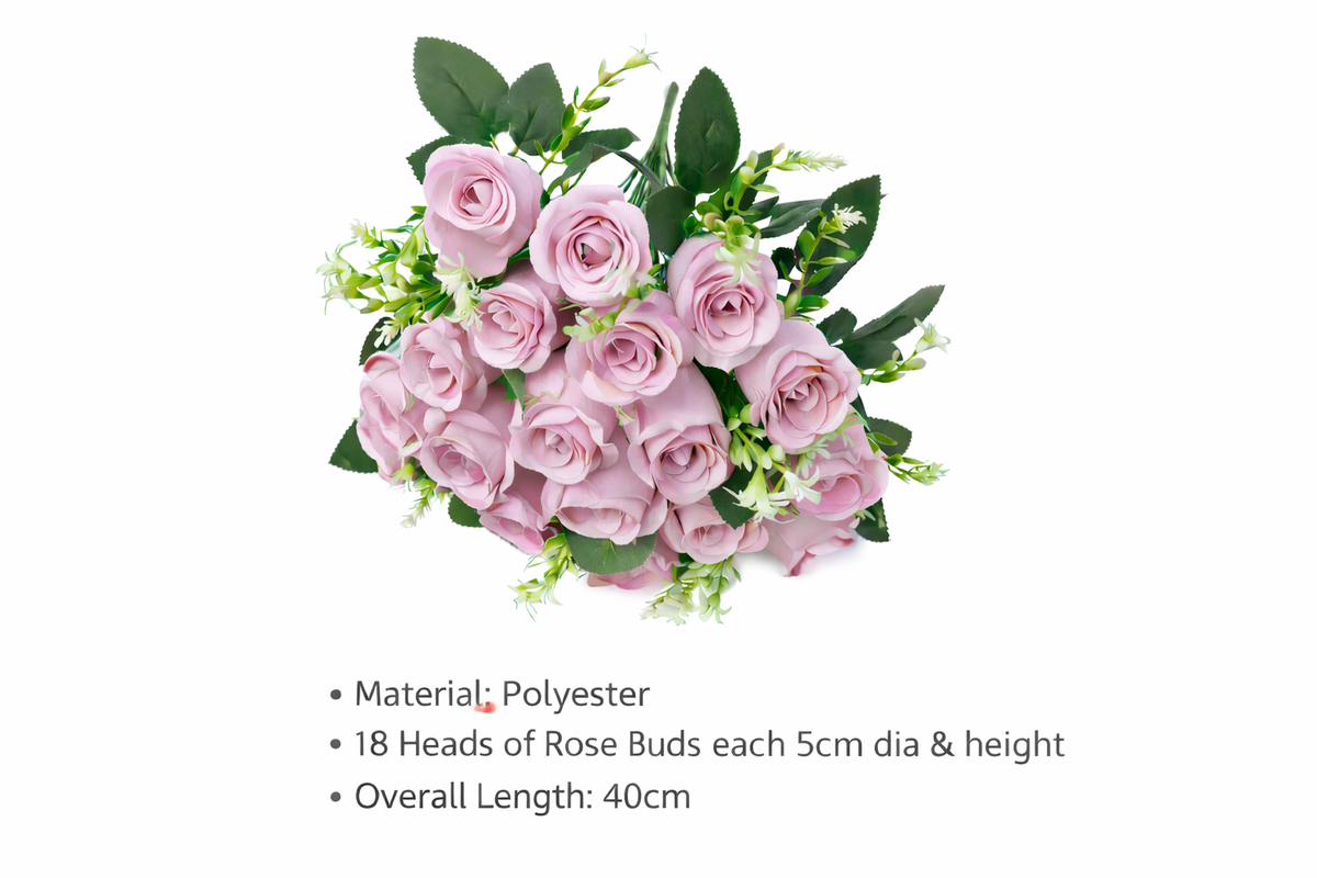 Artificial rose bouquet with 18 polyester roses in a bush arrangement, showcasing vibrant red blooms and green foliage.