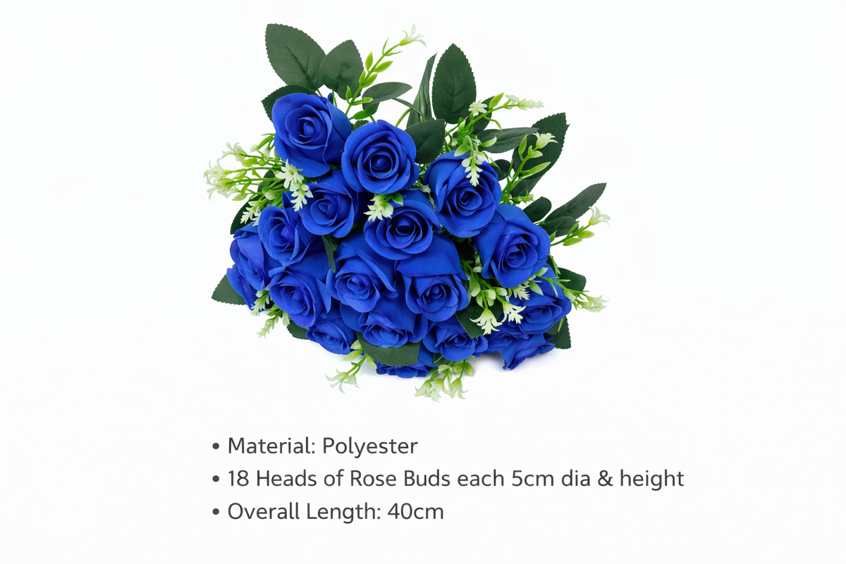 Artificial rose bouquet with 18 red polyester roses arranged in a lush bush, perfect for home decor or events.