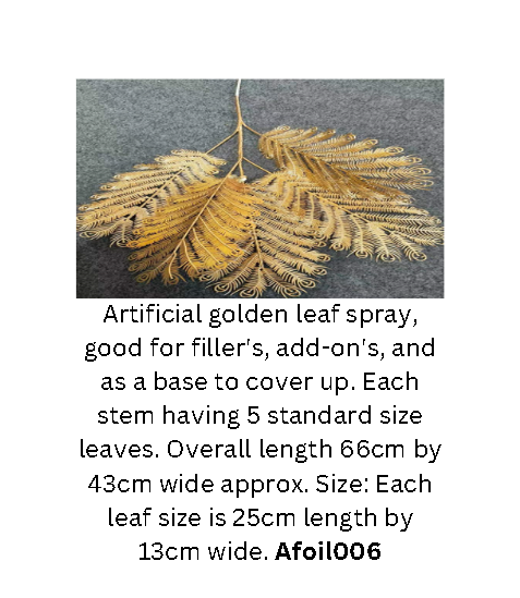 Artificial gold leaves and metallic flowers for home and event decoration, featuring gold foliage by Alton Flowers N Gifts.