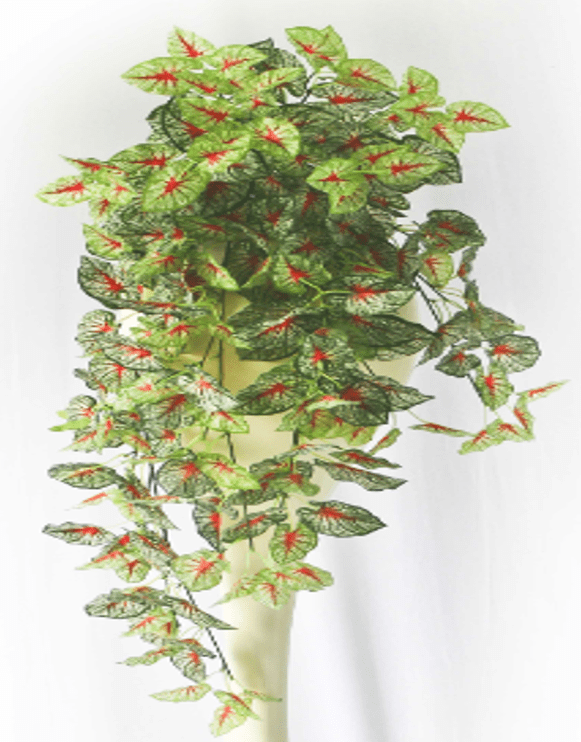 Artificial hanging wall plant with small pot, fake green foliage, decorative faux potted plant for home or office decoration.