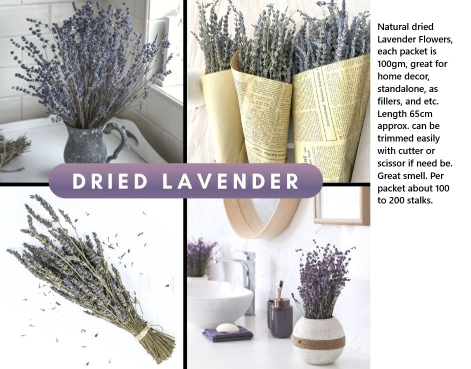 Dried lavender stems in a 100g package by Alton Flowers, showcasing fresh purple lavender flowers for home decor or events.