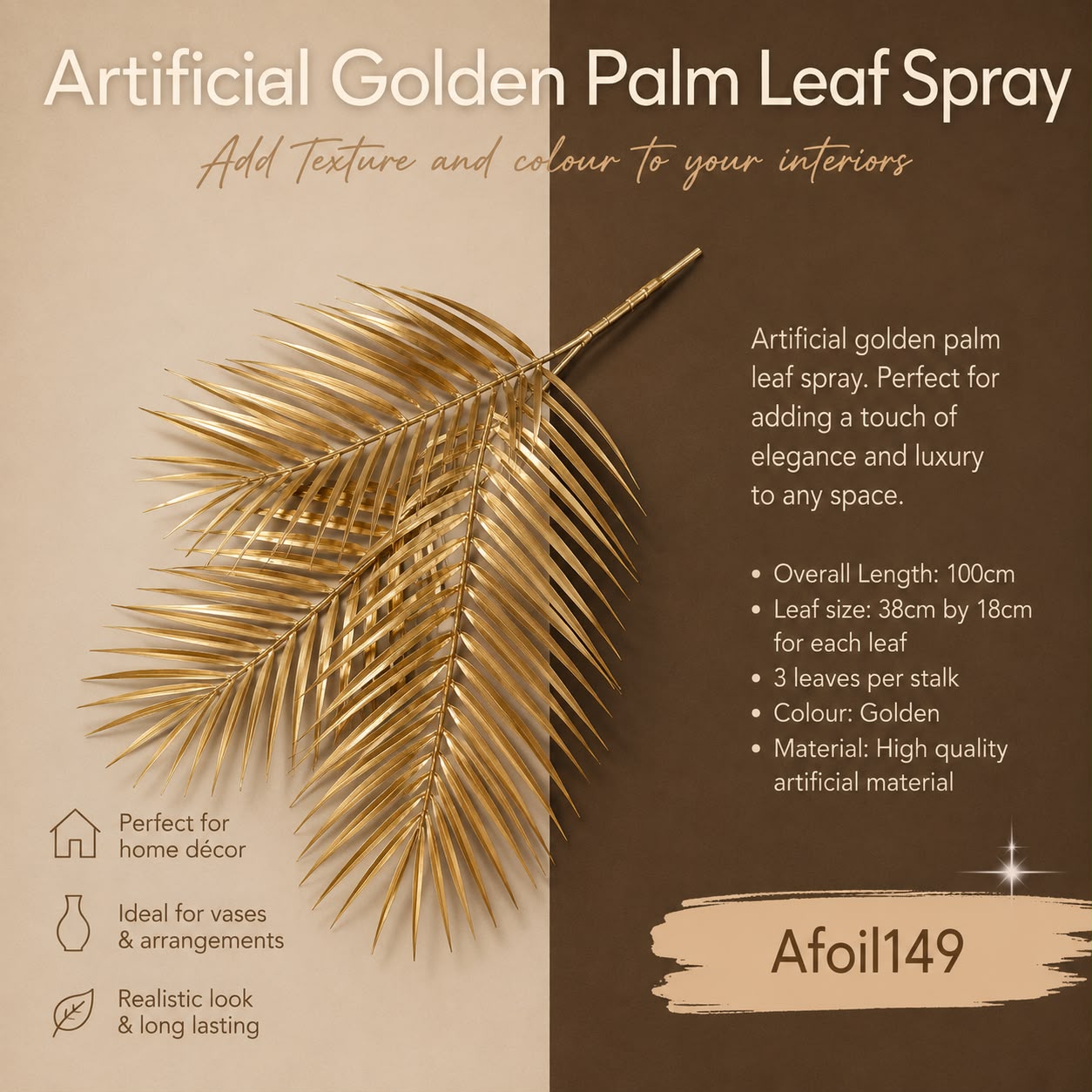 Three artificial fern leaves with gold accents from Alton Flowers, showcasing lush greenery and elegant gold detailing.