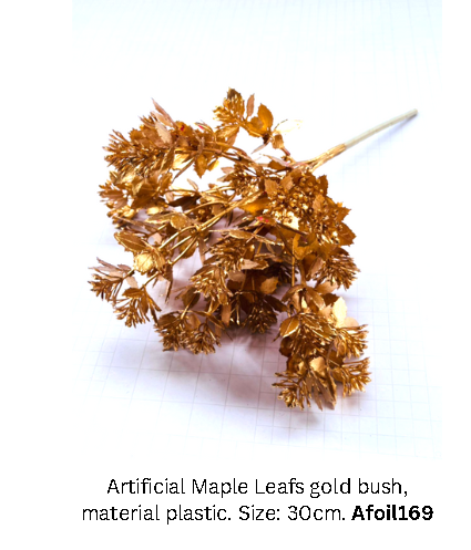 Artificial gold leaves and metallic flowers for home and event decor, showcasing shimmering gold foliage and elegant floral accents.