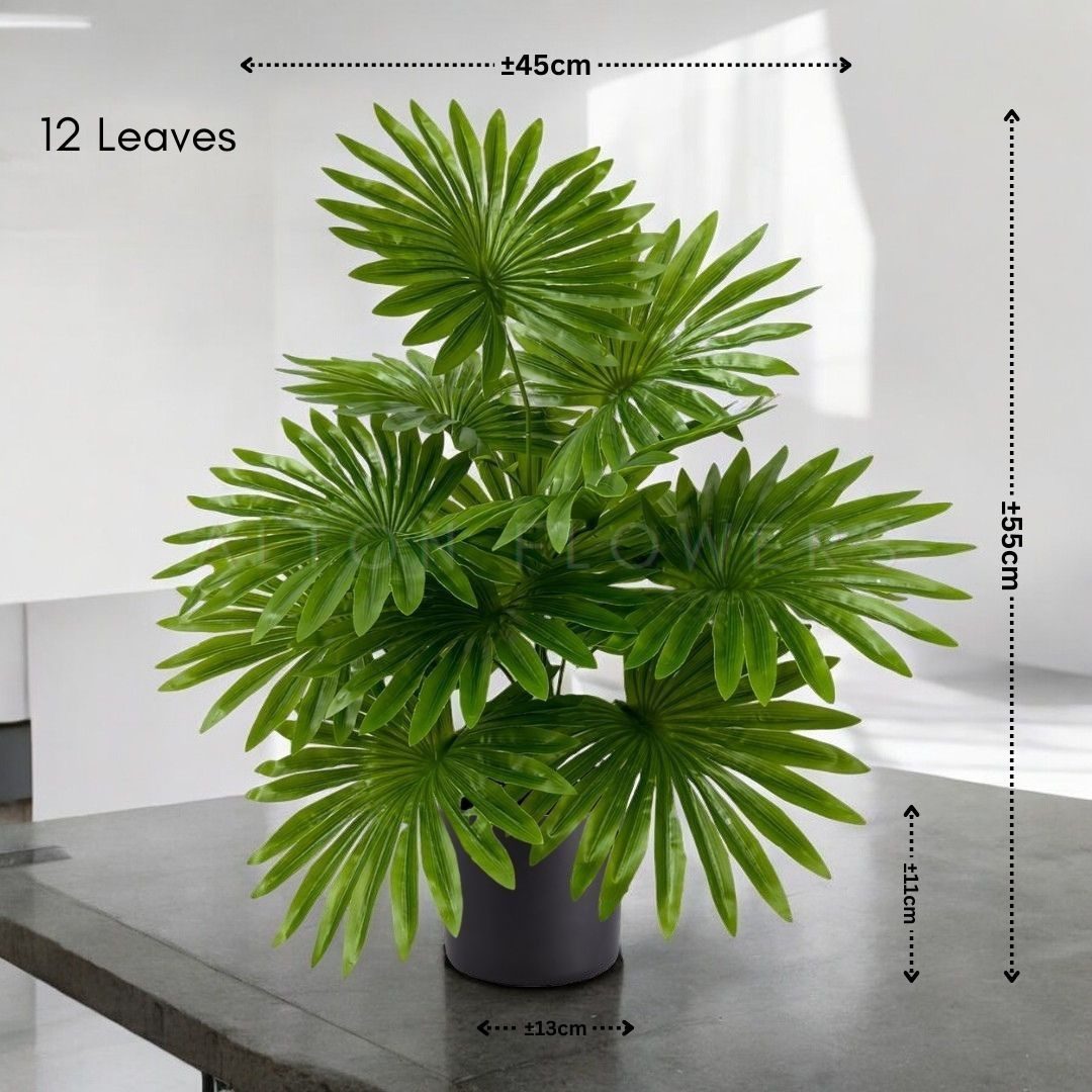 55cm Artificial Plant Livistona Fan Palm Plant with black plastic cemented pot, home decor, garden, events Aplant1008a- 12 lvs