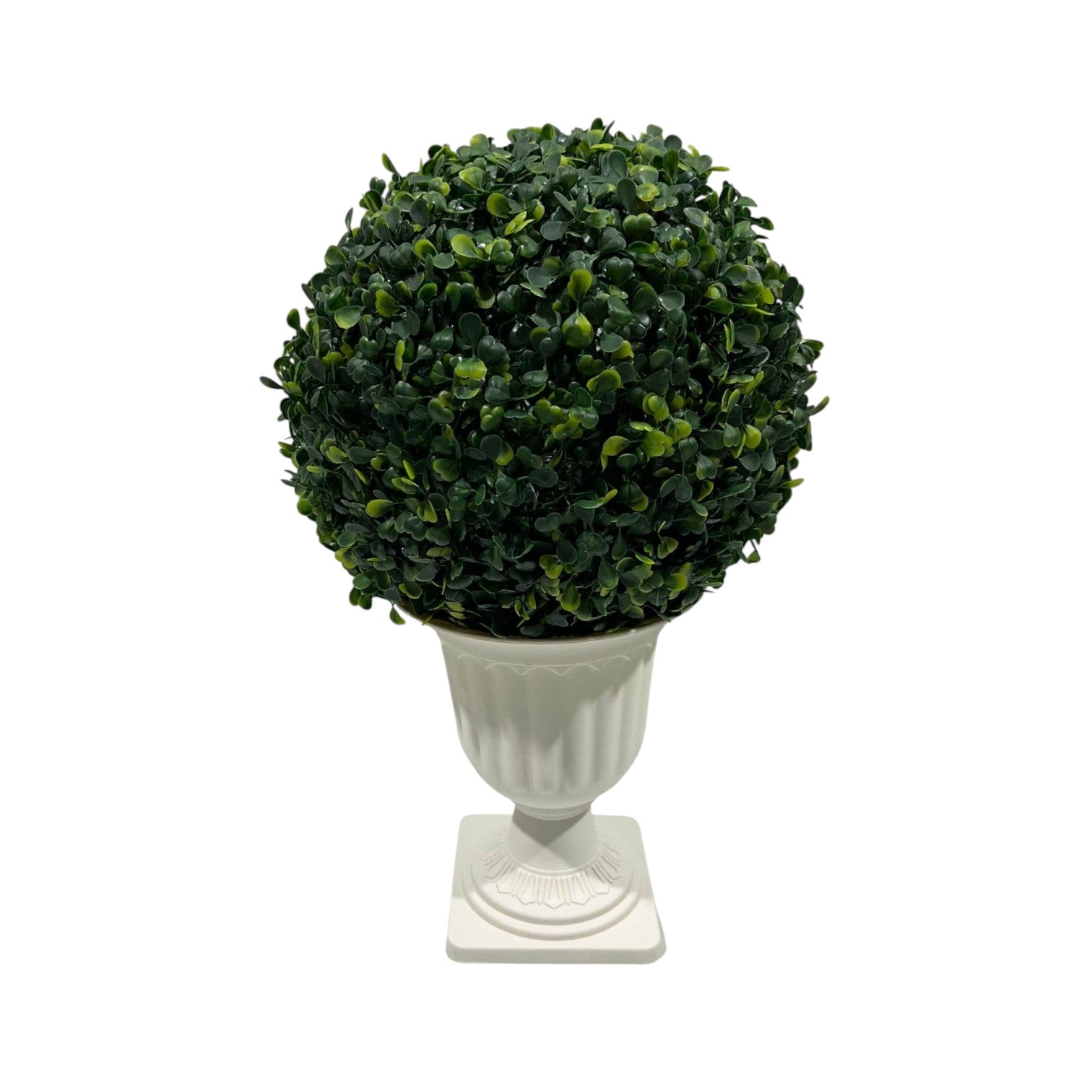 Faux boxwood greenery topiary in white plastic pot for home decor
