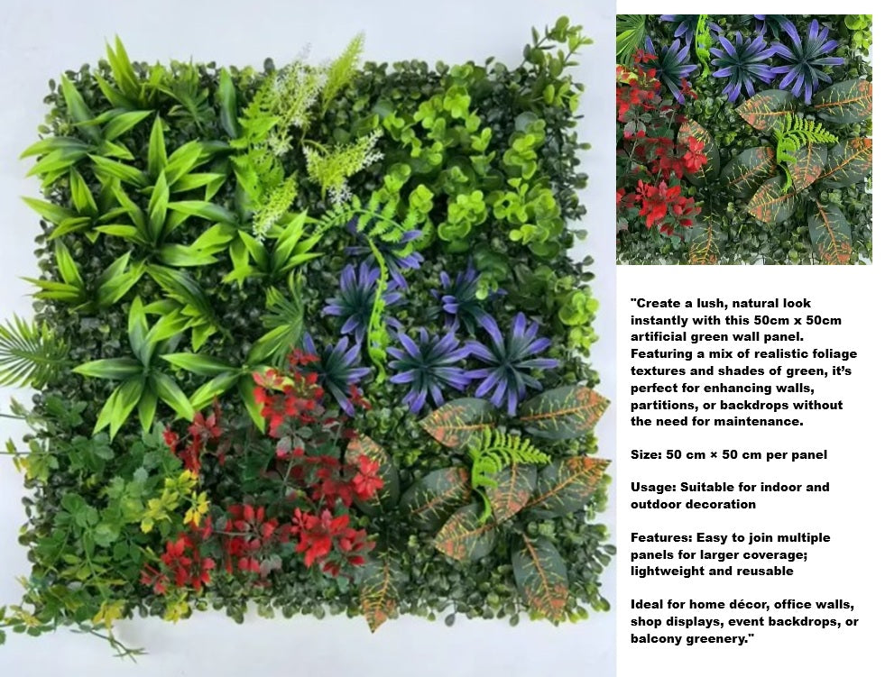 Artificial foliage wall panel by Alton Flowers, 50x50cm, realistic mixed greenery for vertical garden or feature wall decor.