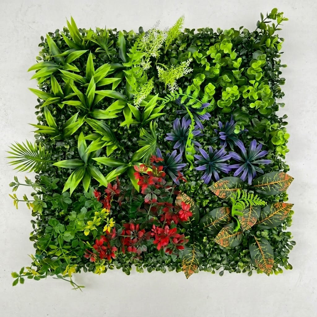 Artificial plant wall panel with mixed foliage, 50x50cm, for realistic vertical garden and feature wall decor by Alton Flowers.