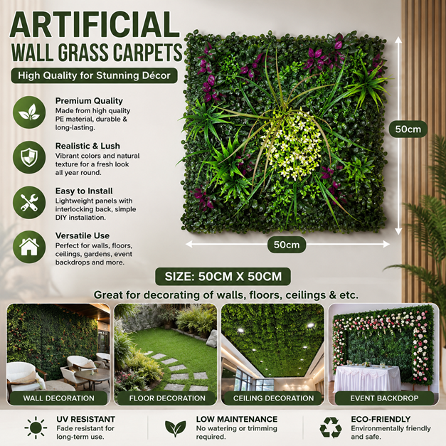 Artificial plant wall panel featuring purple leaves and long grass from Alton Flowers, 50x50cm mixed foliage decorative panel.