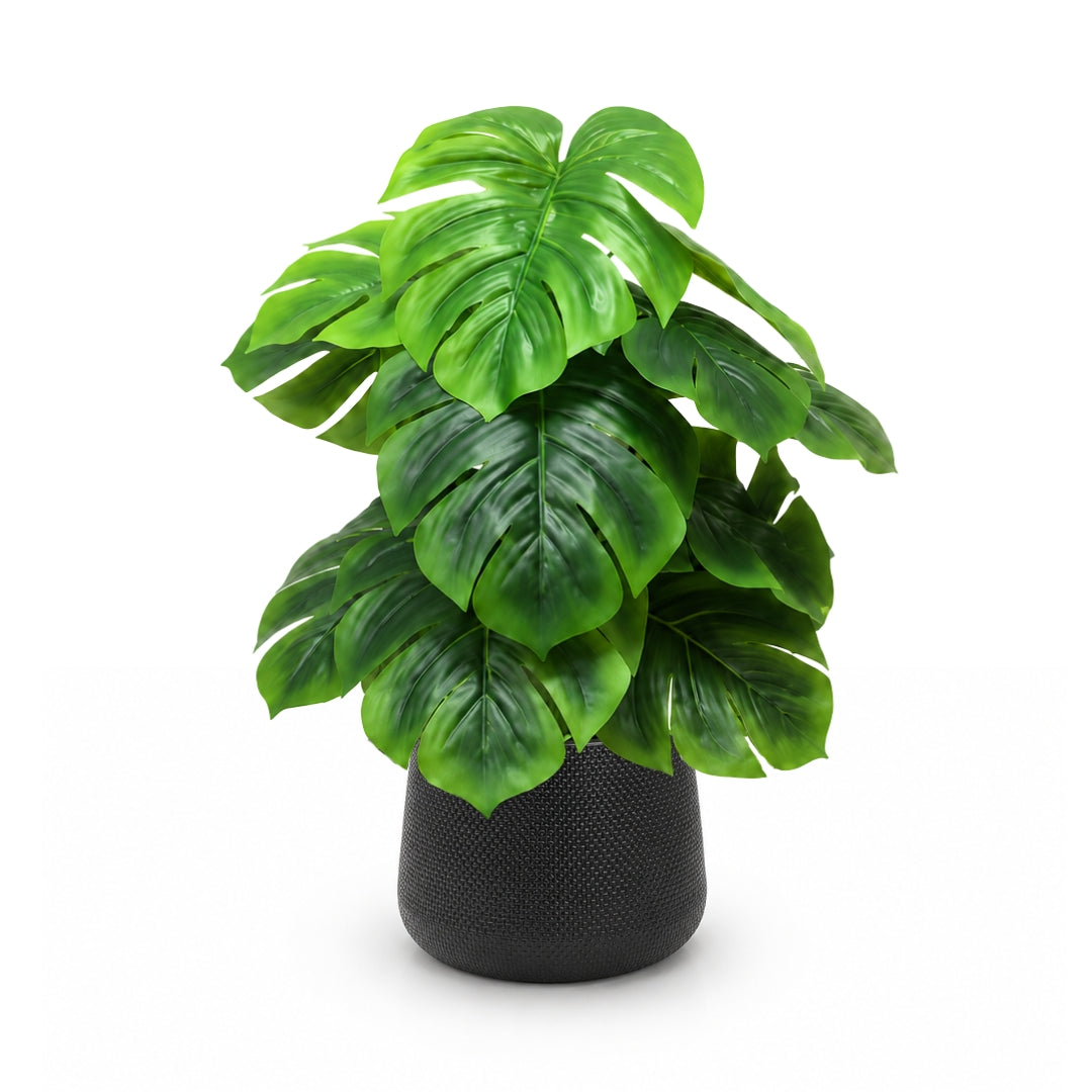 45cm artificial monstera plant with broad green leaves in a textured black planter for home and office decor
