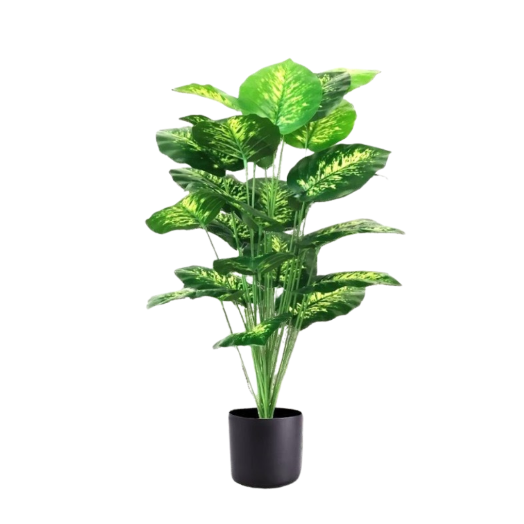 Artificial 75cm Diffenbachia plant with 24 green leaves, decorative faux shrub for home or office decor.