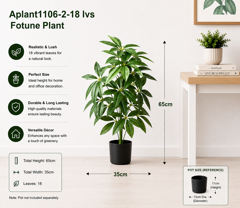 Artificial 65cm Fortune Plant with 18 green leaves, Scheffera money plant shrub by Alton Flowers.