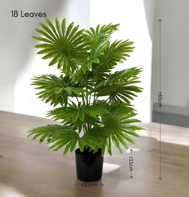 Artificial 65cm Livistona fan palm plant with 18 leaves, lush green money plant shrub, realistic foliage by Alton Flowers.