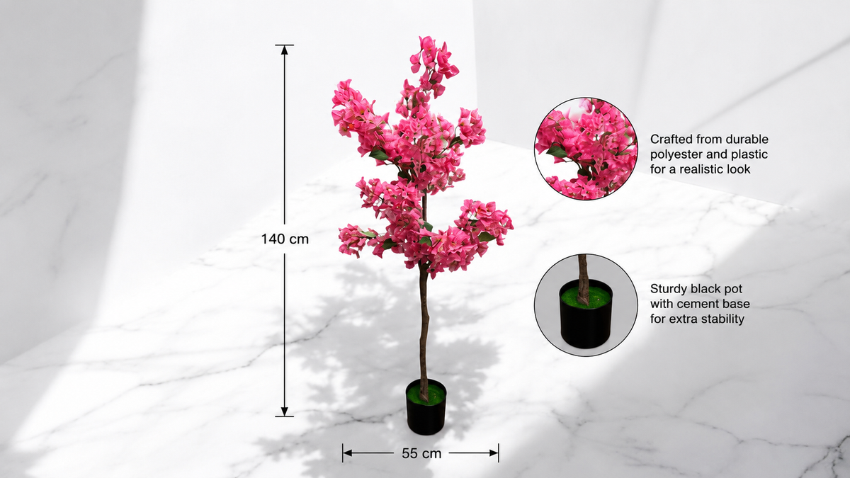Artificial Bougainvillea plant with pot, 140cm tall, ideal for office, home decor, garden, and event decoration by Alton Flowers.