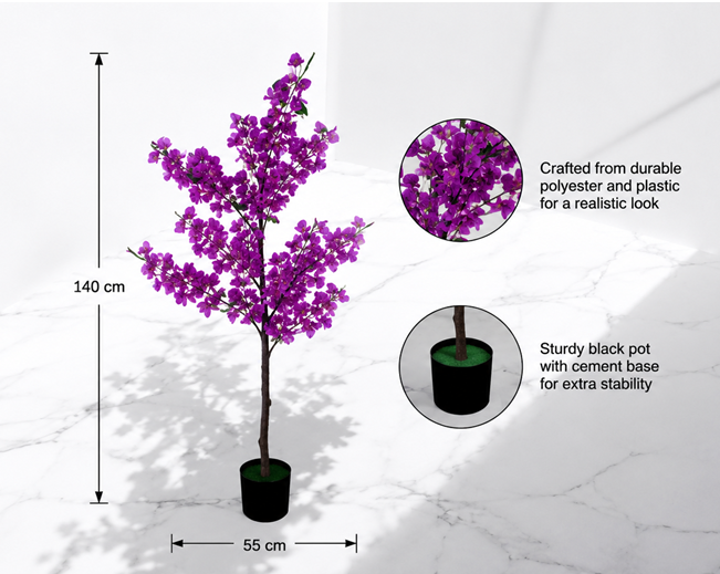 Artificial Bougainvillea plant with purple flowers in a pot, ideal for office, home, garden, or event decoration by Alton Flowers.