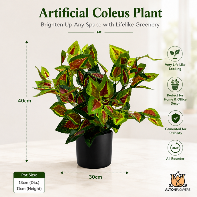 Artificial Coleus plant with vibrant red and green faux leaves in a pot, 40cm tall, from Alton Flowers.