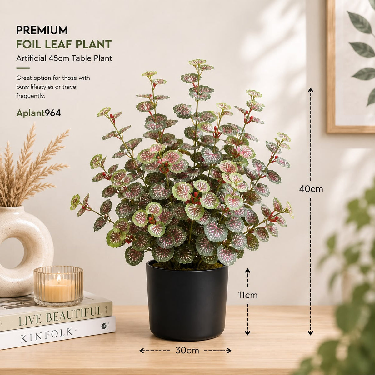 Artificial Coleus plant with vibrant red and green faux leaves in a pot, 40cm tall, by Alton Flowers.