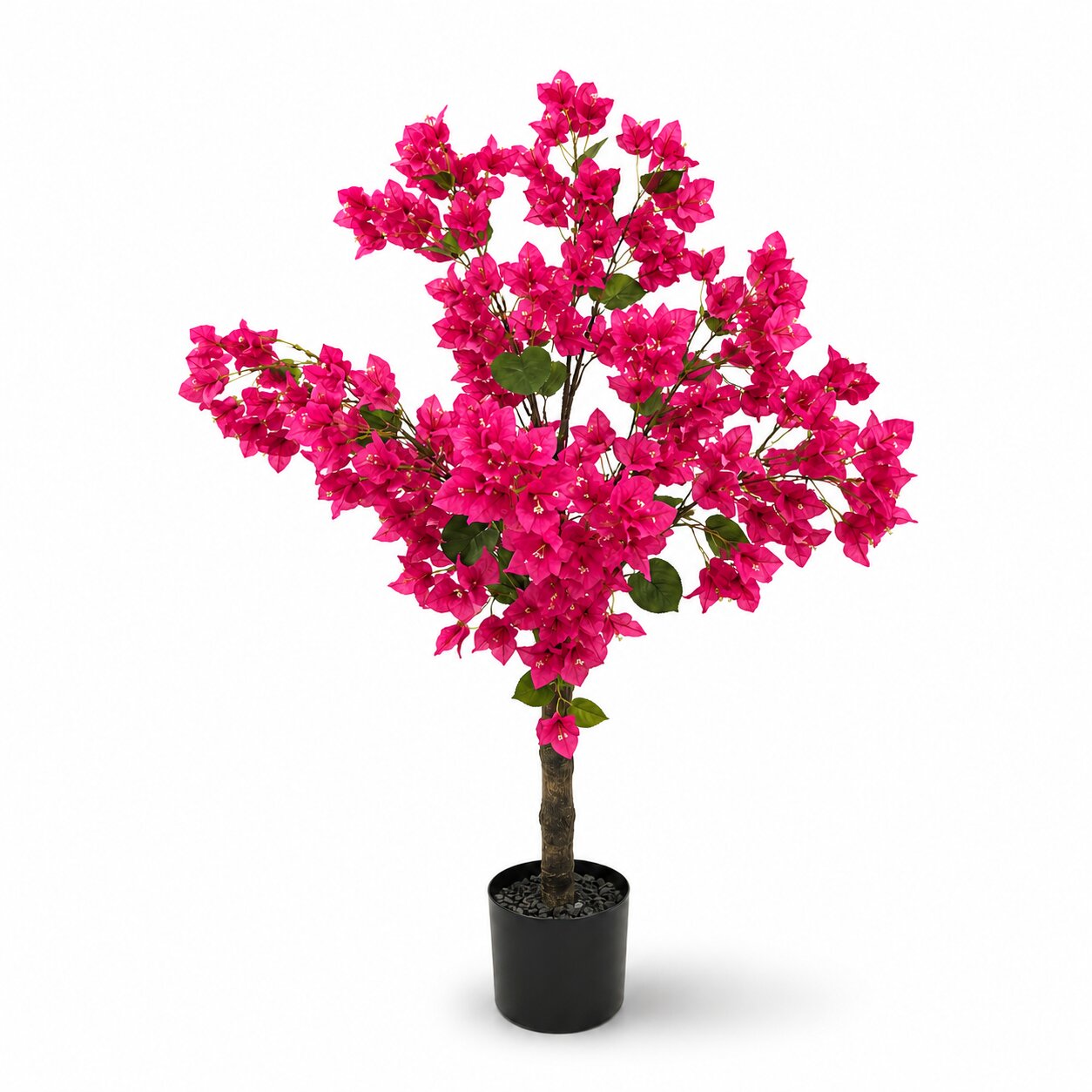 A 90cm potted artificial bougainvillea tree with vibrant pink flowers and green leaves, in a black plastic pot, isolated on a white background.