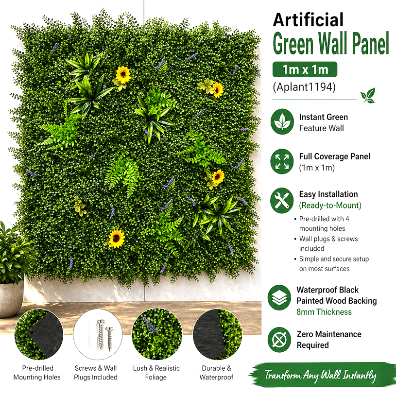 Artificial wall grass panel by Alton Flowers, green faux turf for indoor vertical gardens and home decor.