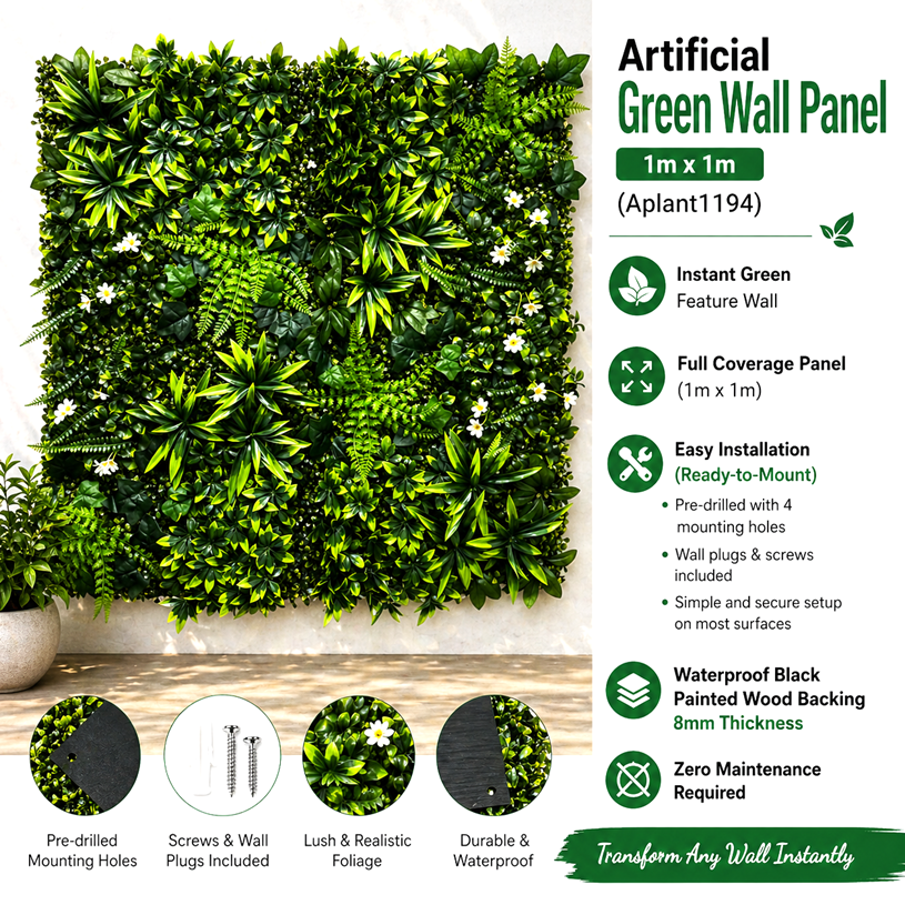 Artificial wall grass panel by Alton Flowers, lush green faux turf for indoor vertical garden and home decor.