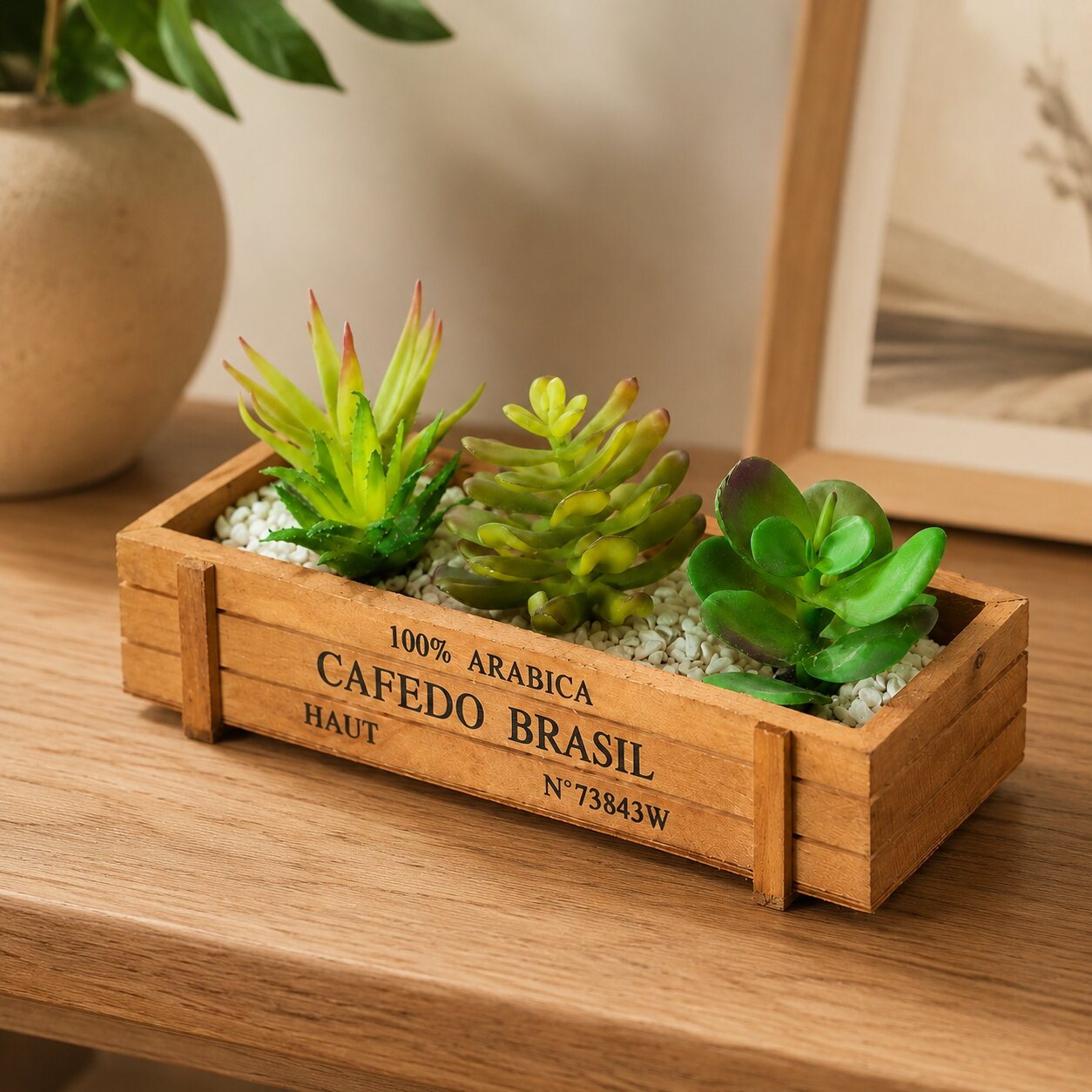 Rustic 5cm wooden crate planter with three artificial succulents including faux aloe, sedum, and jade plant arrangement.