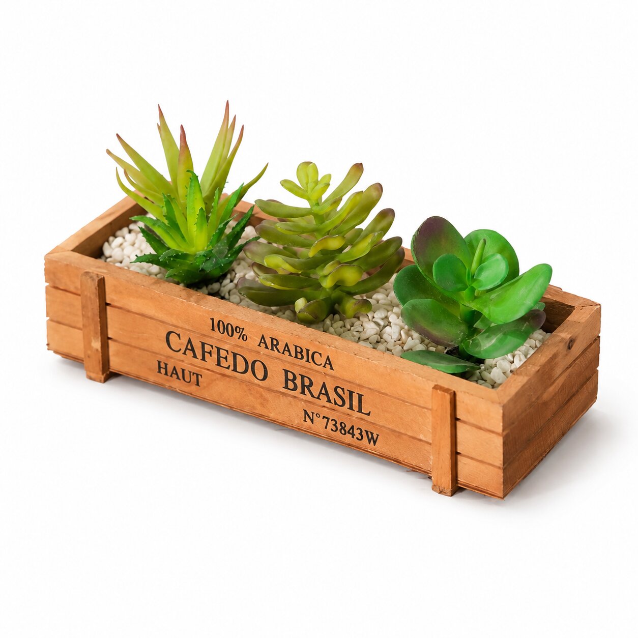 Rustic wooden crate planter with three artificial succulents, white decorative stones, aloe-style, sedum-style and jade-style faux plants