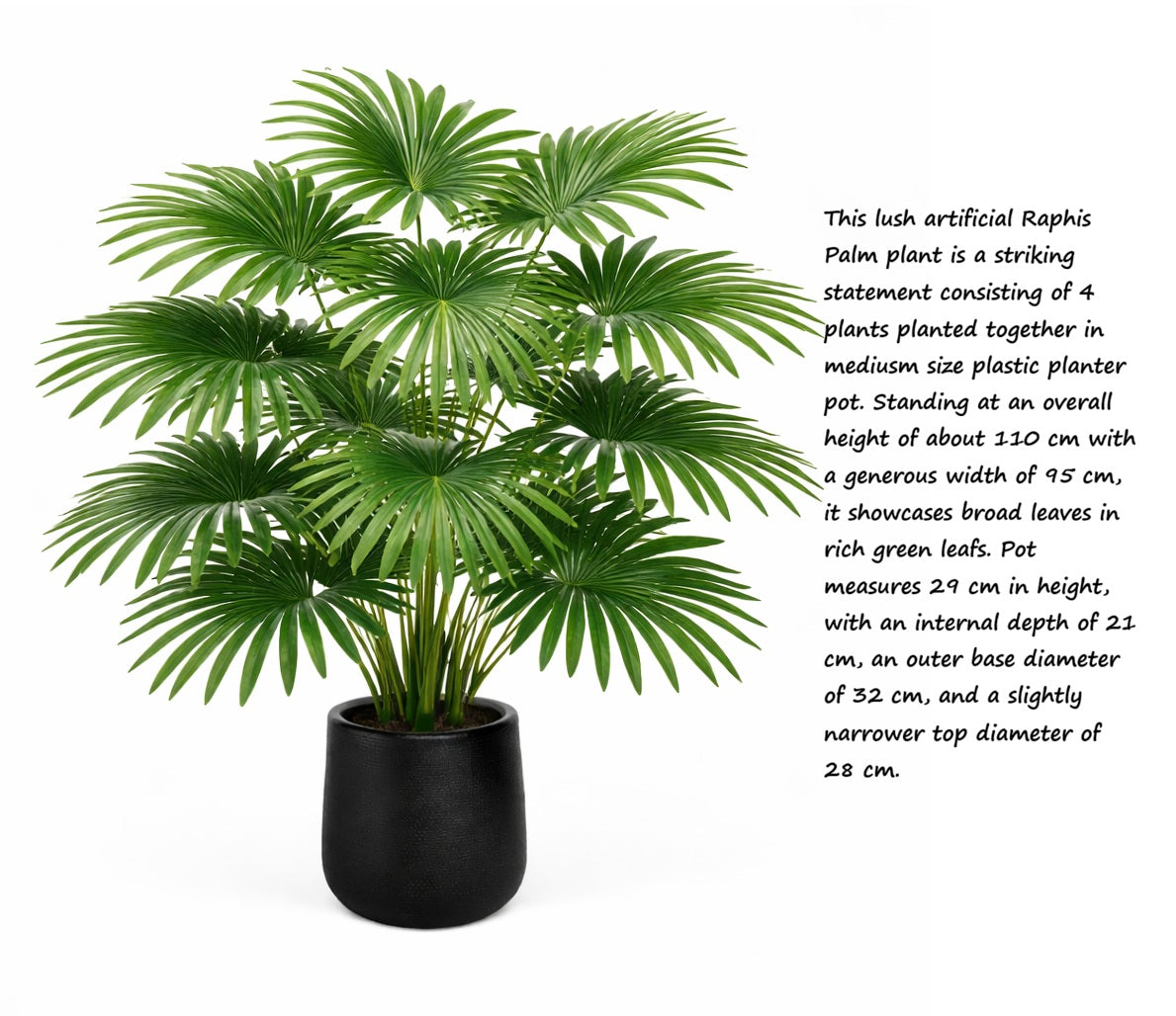 110cm Artificial Raphis Palm Plant in a Black Pot Aplant1229-3-Bk
