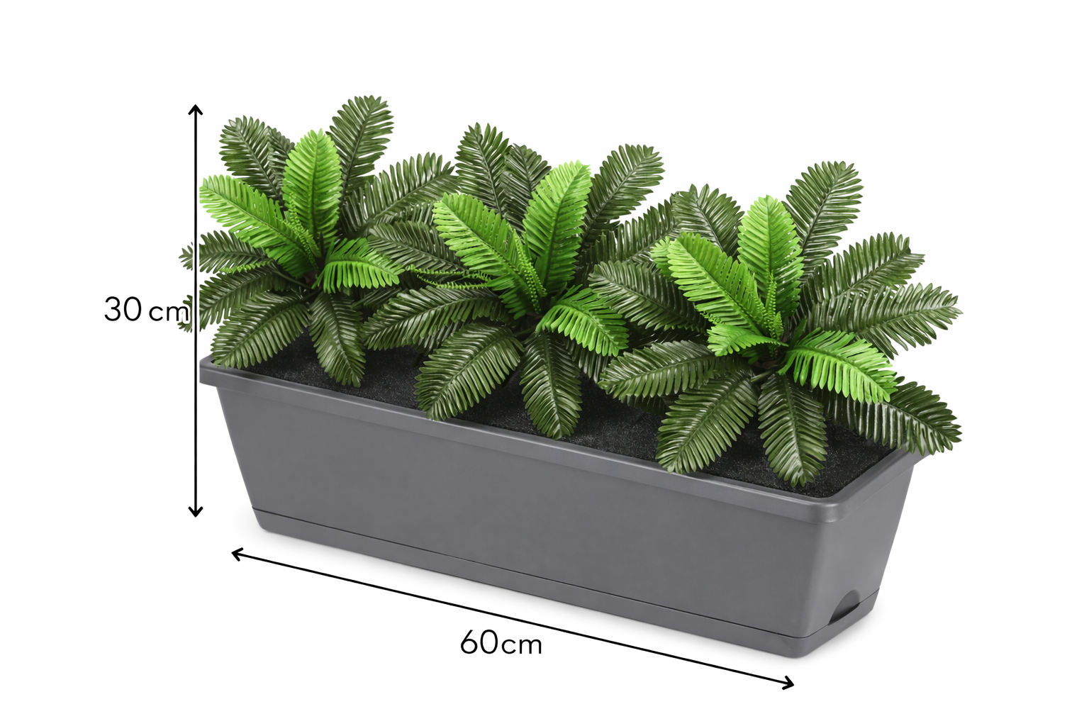 Artificial Raphis Palm plant in a 30cm plastic planter pot, realistic green foliage, perfect for home or office decor.