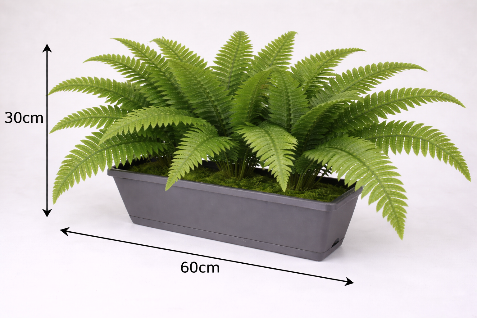 30cm artificial Raphis palm plant in a plastic planter pot, realistic green foliage for home or office decor.