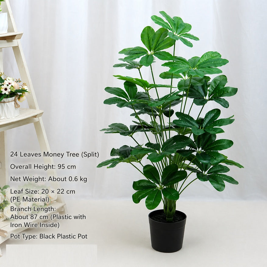 Artificial 95cm Money Tree plant with 24 leaves in a black pot, from Alton Flowers, showcasing lush, realistic greenery.