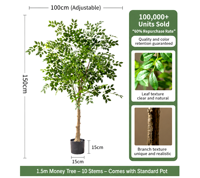 150cm Artificial Money Tree 10 stems comes with Standard Pot