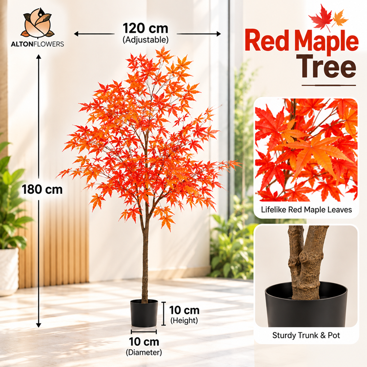 180cm Artificial Red Maple Tree - Lifelike Japanese Maple with Pot | Tall Indoor Autumn Tree Decor Aplant1305-14-180cm