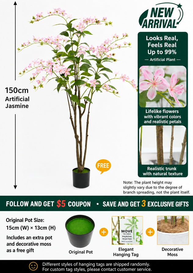 150cm Artificial Jasmin Plant in Blak Pot (Pink Flower)