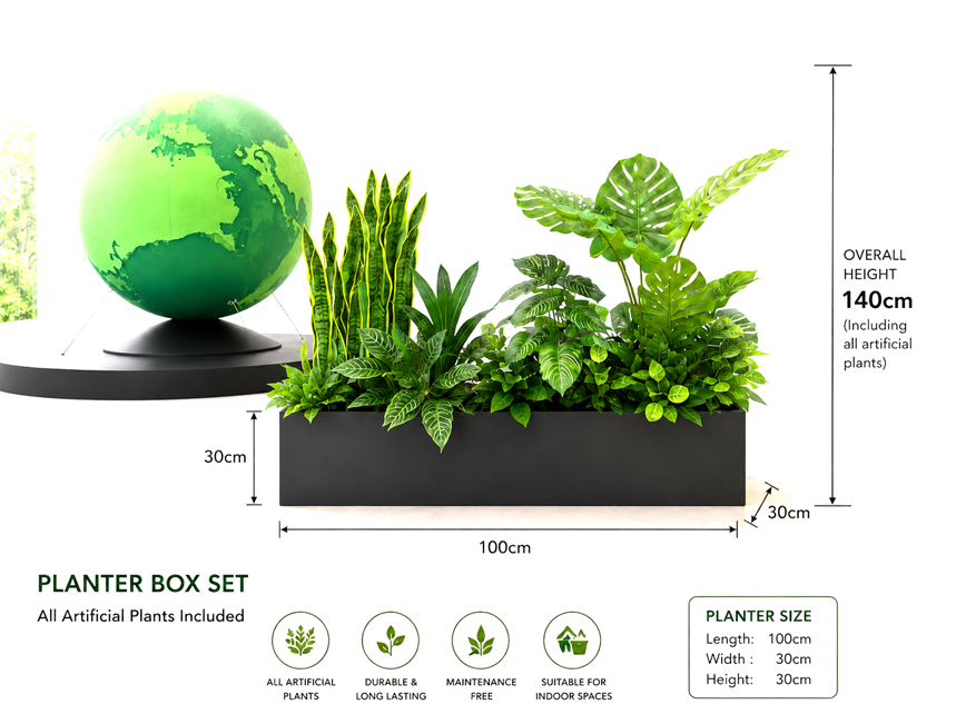 140cm Premium Artificial Plant Planter Box Set | Modern Office & Home Décor | All Plants Included | Waterproof Wood Planter