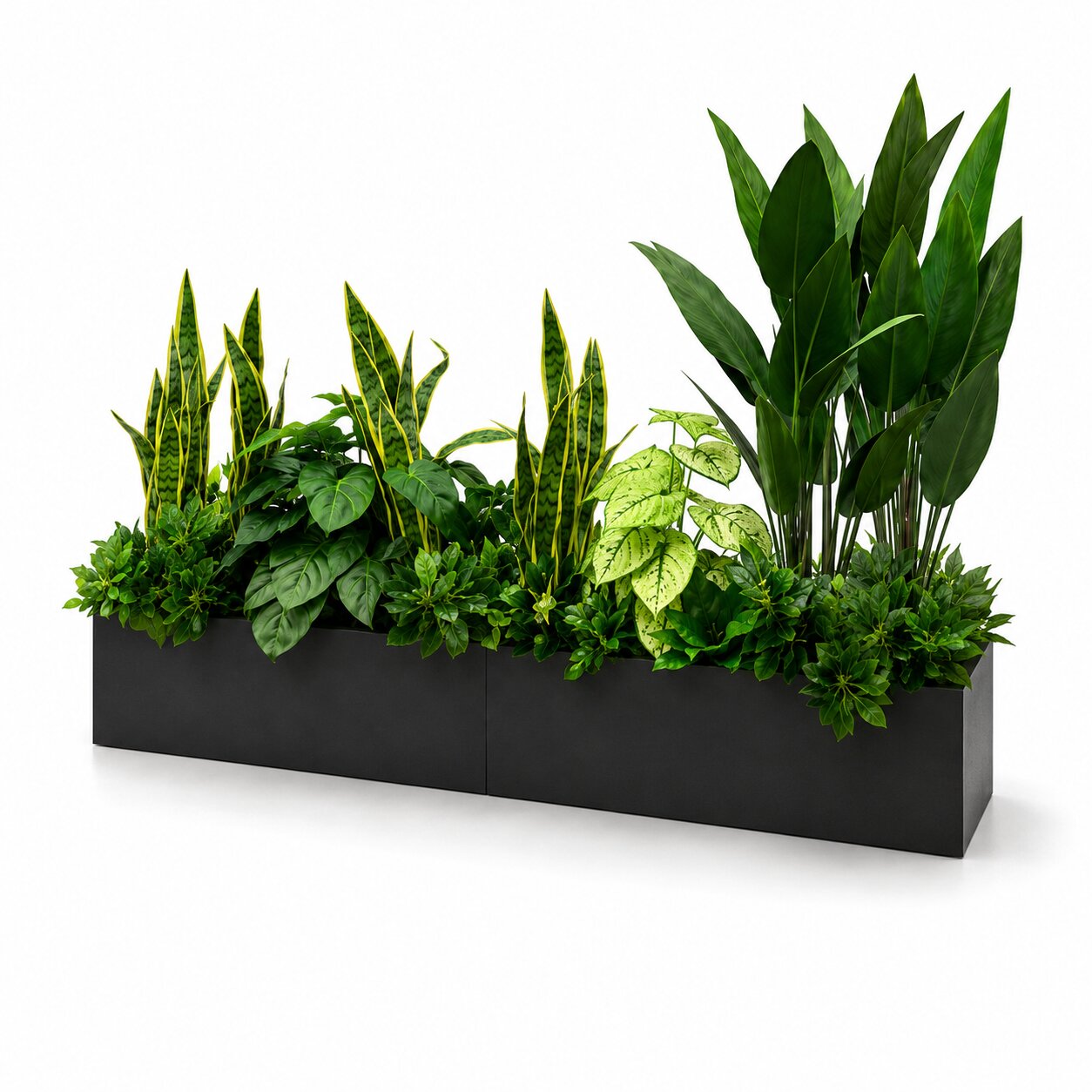 Artificial plant in a waterproof wooden planter box, 150cm tall, modern home and office décor by Alton Flowers, with all plants included.