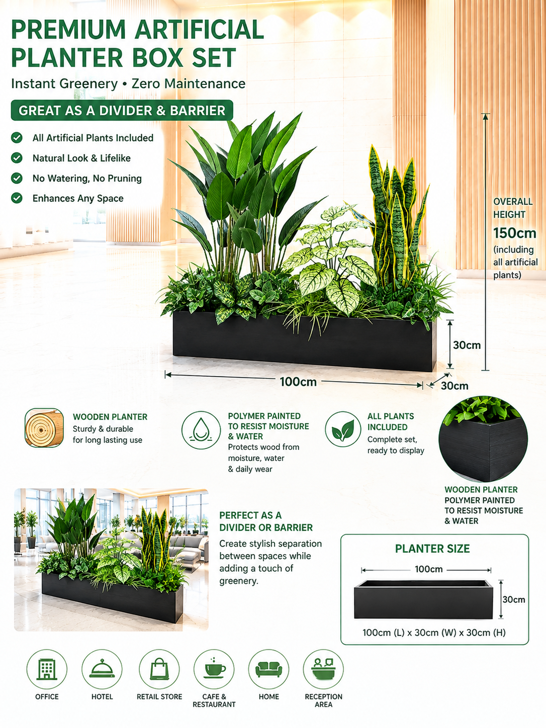 150cm Premium Artificial Plant Planter Box Set | Modern Office & Home Décor | All Plants Included | Waterproof Wood Planter