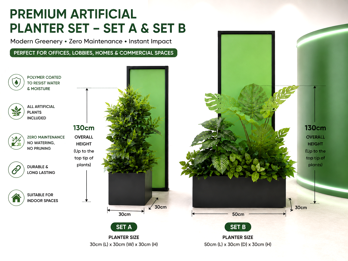 130cm Premium Artificial Plant Planter Box Set | Modern Office & Home Décor | All Plants Included | Waterproof Wood Planter