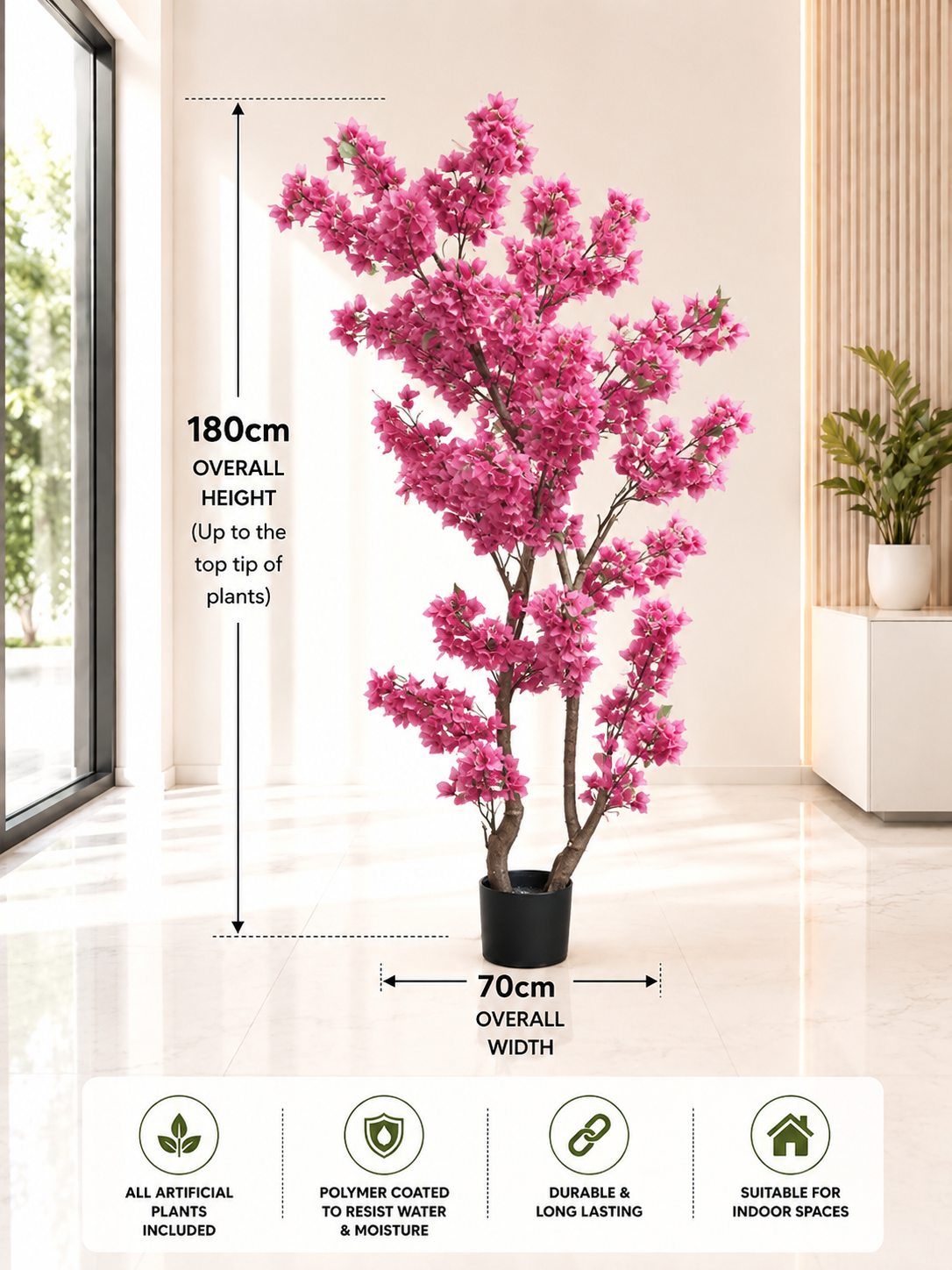 180cm Premium Artificial Bougainvillea Tree | Realistic Pink Blossom Tree | Indoor Office, Hotel & Home Décor | Ready to Display