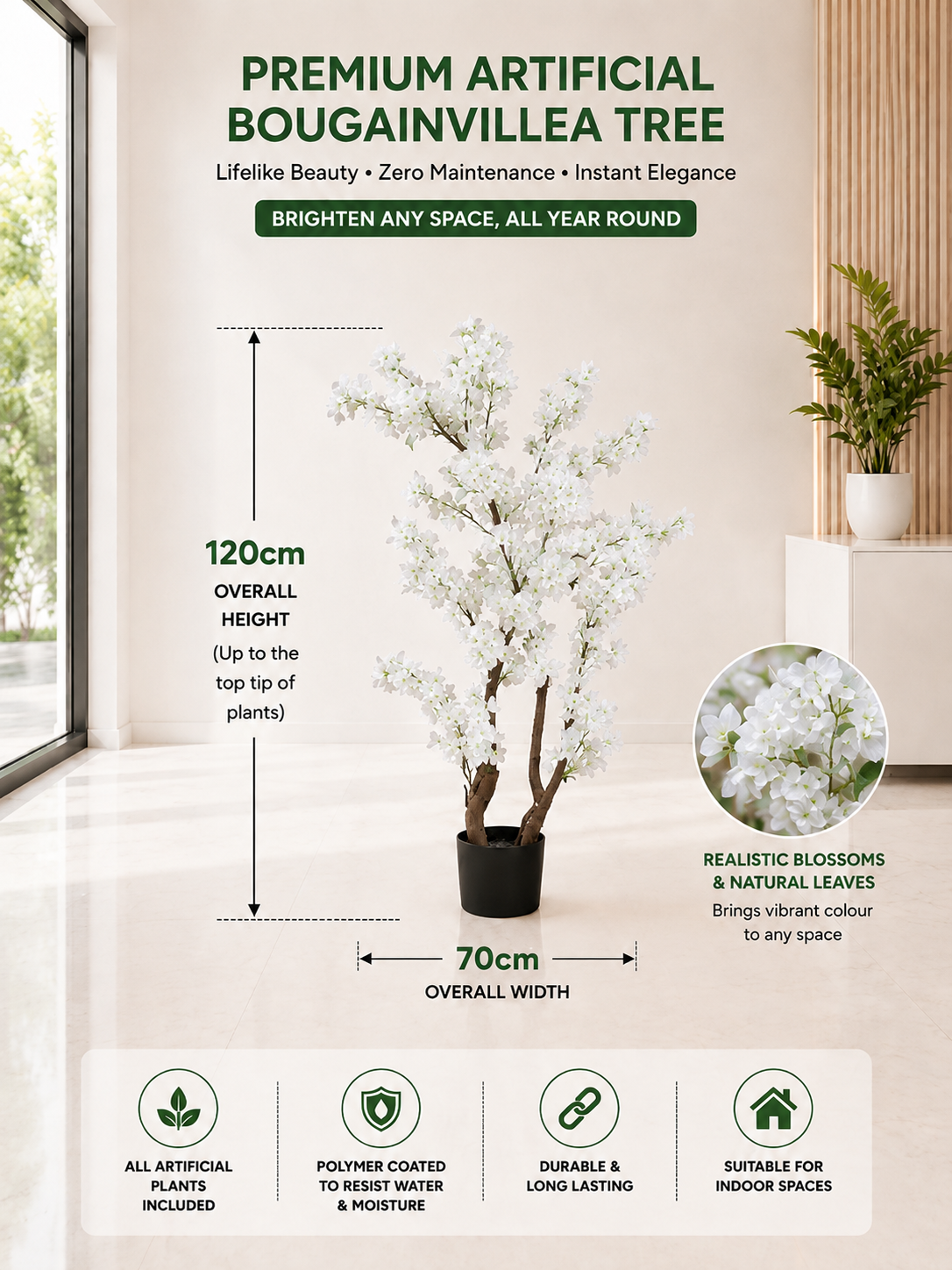 120cm Premium Artificial Bougainvillea Tree | Realistic Pink Blossom Tree | Indoor Office, Hotel & Home Décor | Ready to Display