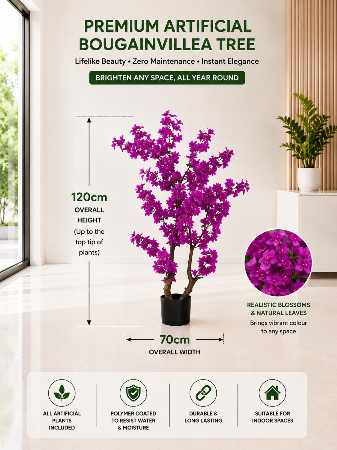 120cm Premium Artificial Bougainvillea Tree | Realistic Pink Blossom Tree | Indoor Office, Hotel & Home Décor | Ready to Display