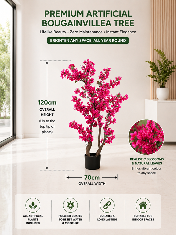120cm Premium Artificial Bougainvillea Tree | Realistic Pink Blossom Tree | Indoor Office, Hotel & Home Décor | Ready to Display