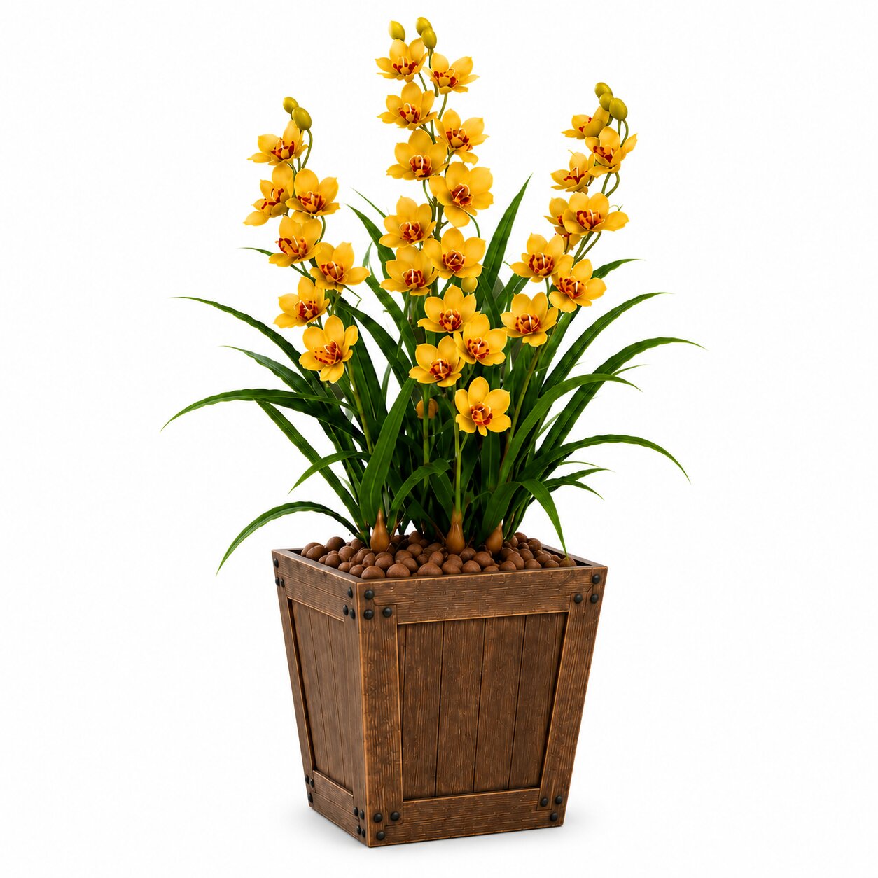 95cm Premium Artificial Rubber Cymbidium Orchid Plant with Wooden Planter