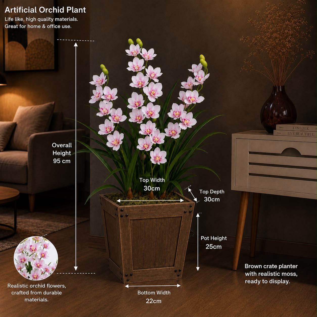 95cm Premium Artificial Rubber Cymbidium Orchid Plant with Wooden Planter