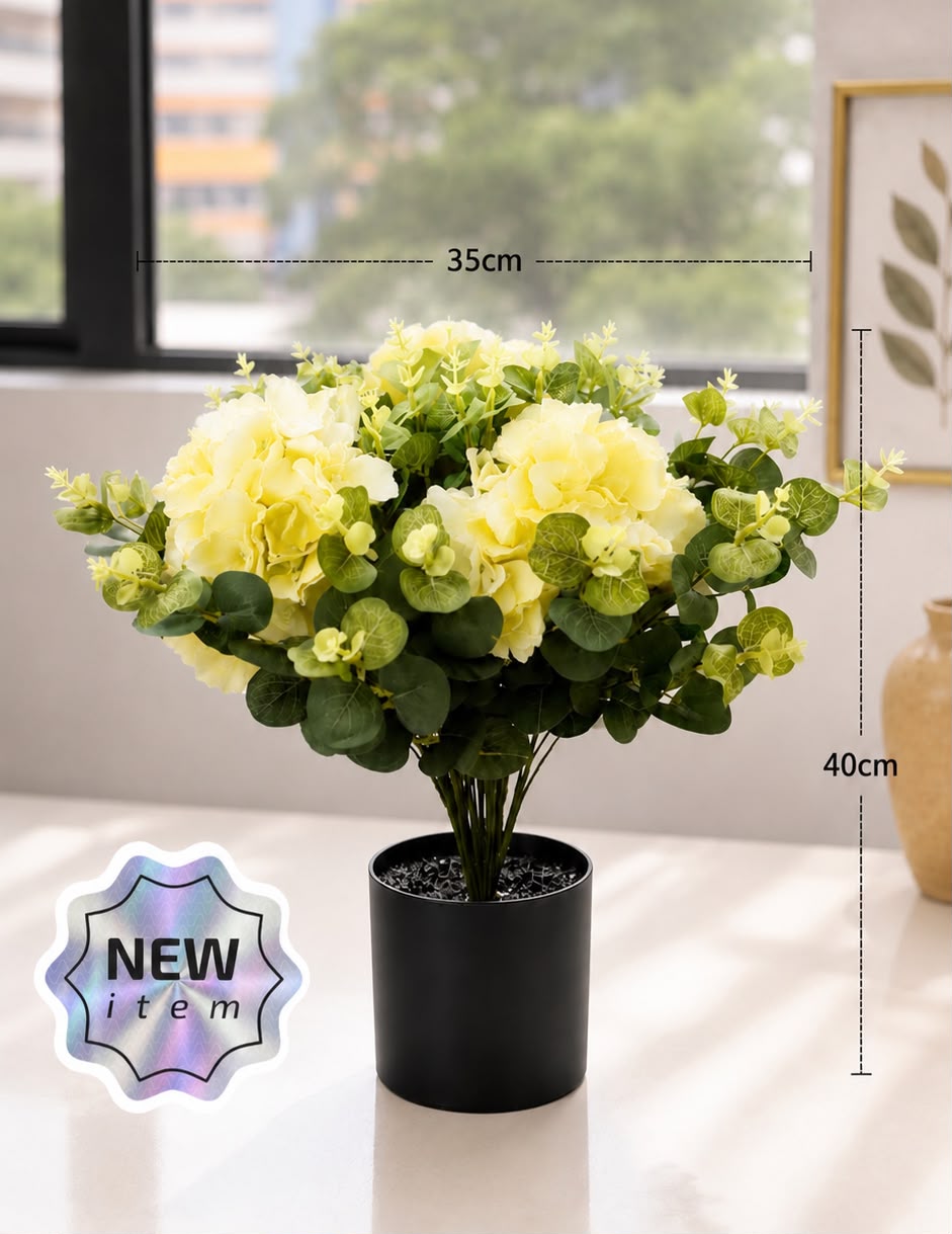 40cm Artificial Purple Hydrangea Arrangement with Eucalyptus Leaves | Lifelike Tabletop Flower Décor