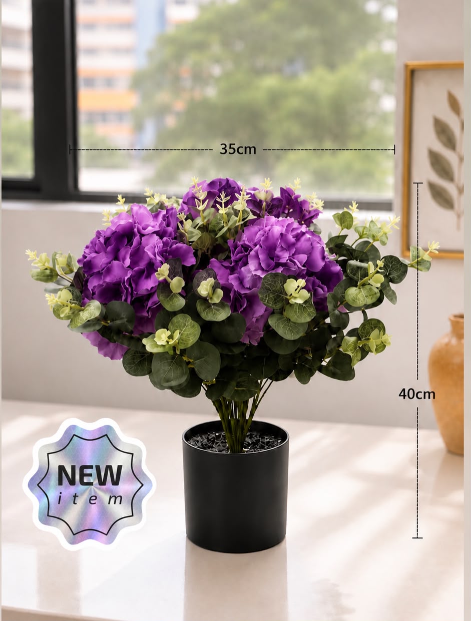 40cm Artificial Purple Hydrangea Arrangement with Eucalyptus Leaves | Lifelike Tabletop Flower Décor