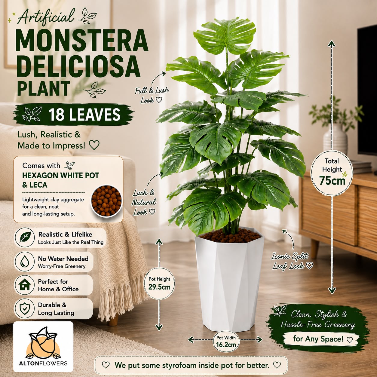 75cm Artificial Monstera Plant | 18 Realistic Leaves | Modern White Pot | UV Treated | Home & Office Décor